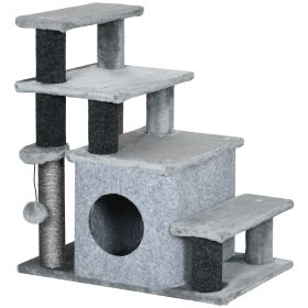 Adjustable Height 3 Step/4 Step Cat Stairs w/ Sisal Cat Scratching Post, Cat Condo, Toy Ball, for Bed, Sofa, Couch, Gray